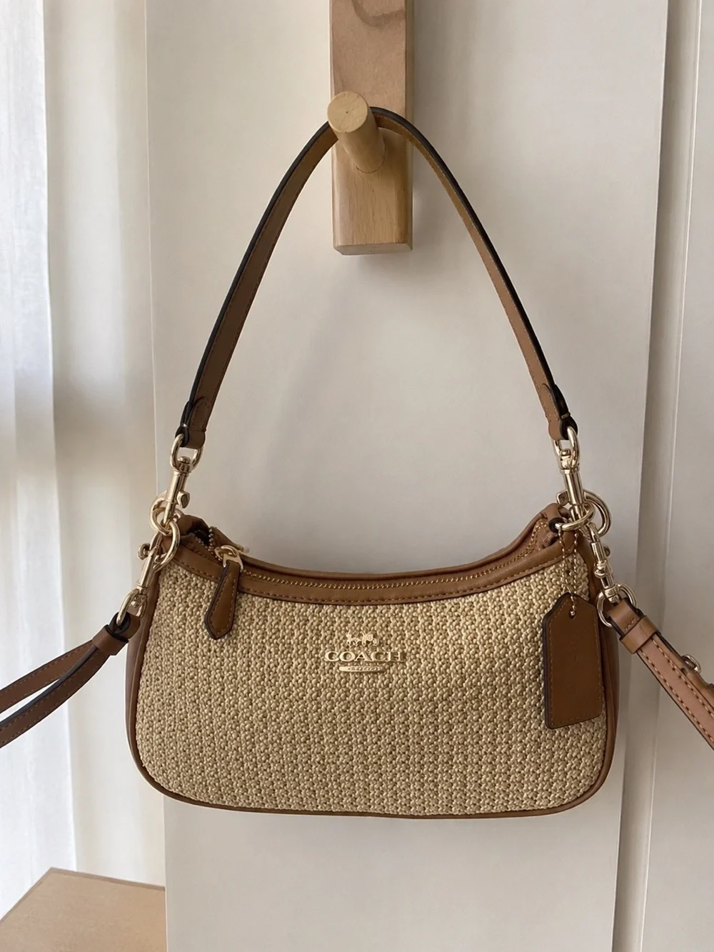 Coach Woven Straw Shoulder Bag in Tan and Brown